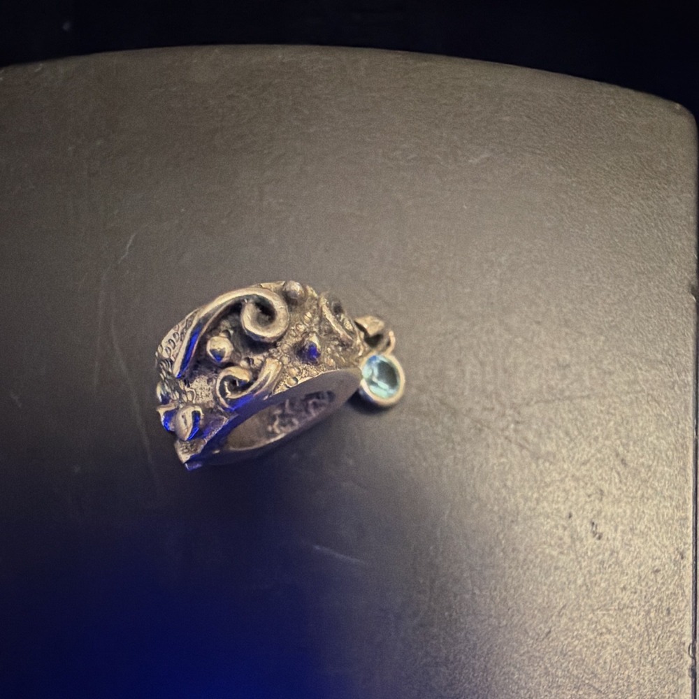 Vintage 925 Sterling Silver Scroll Filigree Slider Bead Charm with Blue Dangle